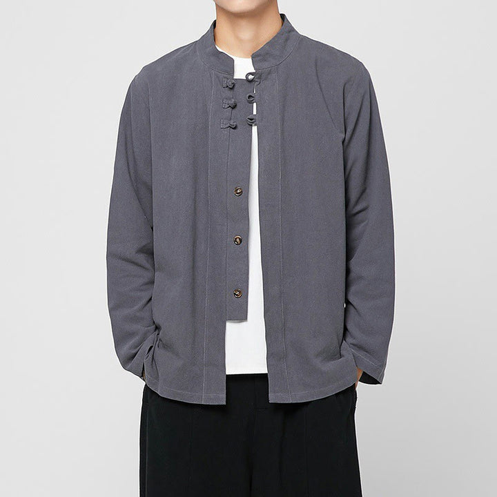 Camicia da uomo in cotone a maniche lunghe con spacchi laterali, stile tang, con bottoni cinesi Buddha Stones - Grigio ardesia chiaro - US/UK/AU46, EU56 (5XL) - image 0