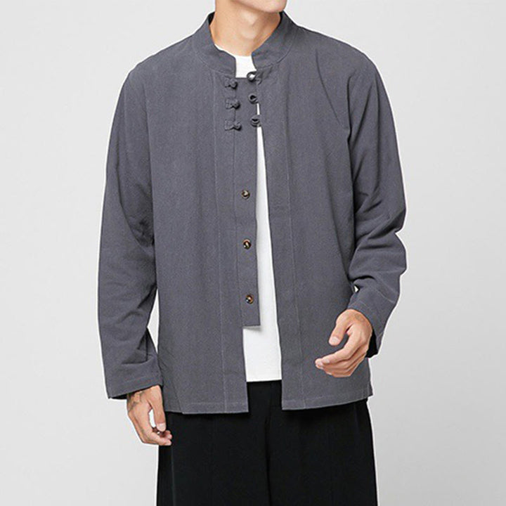 Camicia da uomo in cotone a maniche lunghe con spacchi laterali, stile tang, con bottoni cinesi Buddha Stones - image 5