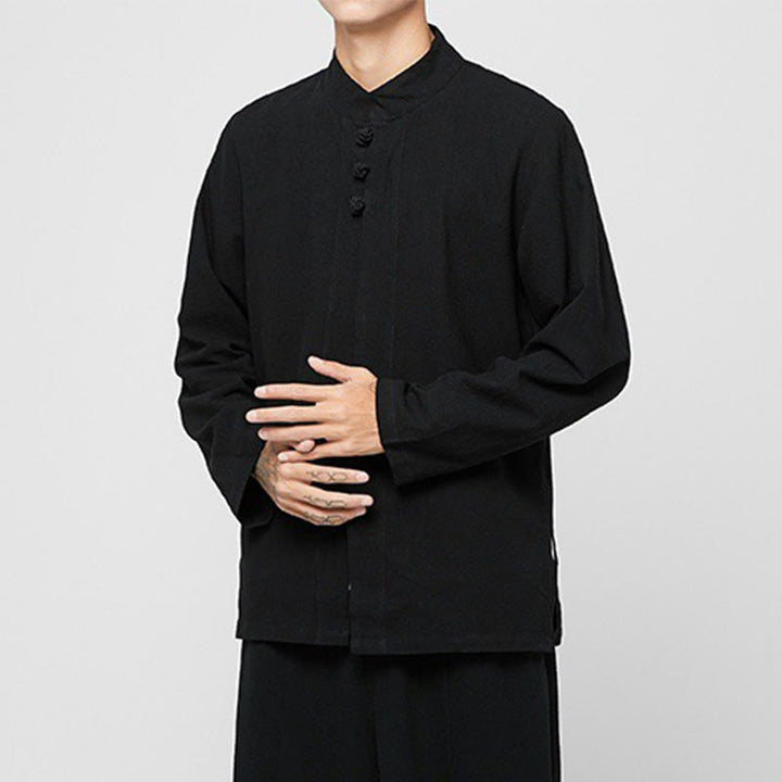 Camicia da uomo in cotone a maniche lunghe con spacchi laterali, stile tang, con bottoni cinesi Buddha Stones - image 10