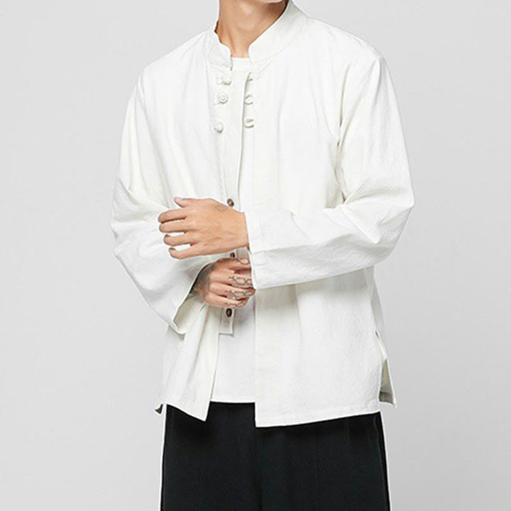Camicia da uomo in cotone a maniche lunghe con spacchi laterali, stile tang, con bottoni cinesi Buddha Stones - image 23