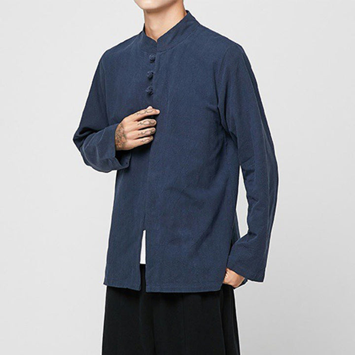 Camicia da uomo in cotone a maniche lunghe con spacchi laterali, stile tang, con bottoni cinesi Buddha Stones - image 13