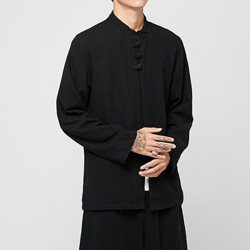 Camicia da uomo in cotone a maniche lunghe con spacchi laterali, stile tang, con bottoni cinesi Buddha Stones - image 11