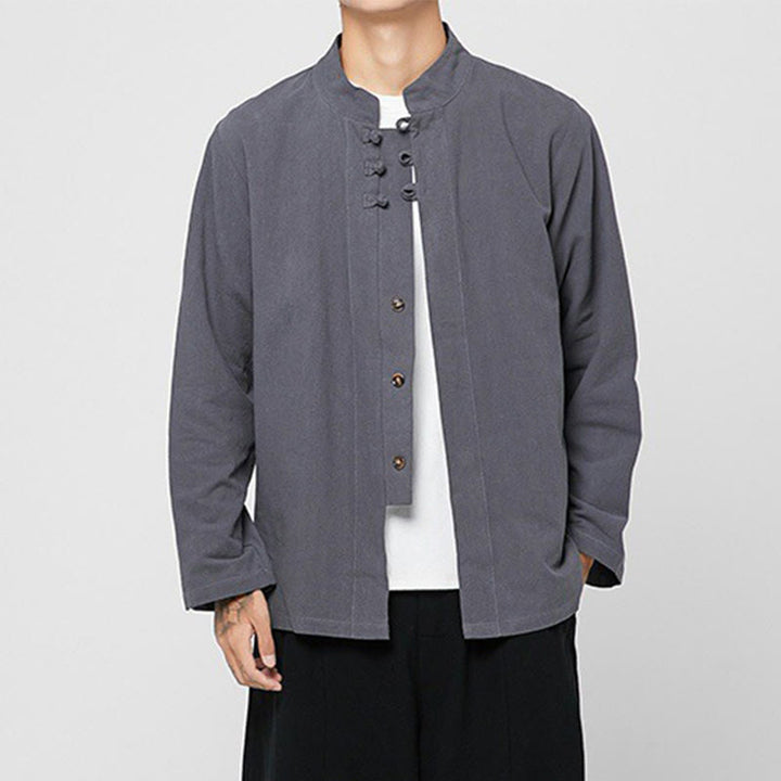 Camicia da uomo in cotone a maniche lunghe con spacchi laterali, stile tang, con bottoni cinesi Buddha Stones - image 4