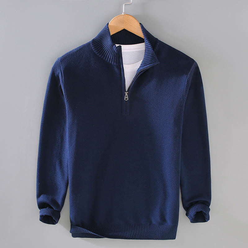 Maglione da uomo in puro cotone con collo alto, maniche lunghe e orlo a coste tinta unita, motivo Buddha Stones - Marina - US/UK/AU42, EU52 (3XL) - image 0