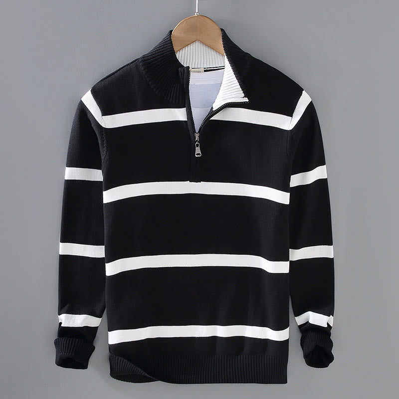 Maglione da uomo in cotone a maniche lunghe con cerniera a mezza lunghezza e strisce a contrasto di colore Buddha Stones - Striscia bianca nera - US/UK/AU42, EU52 (3XL) - image 0