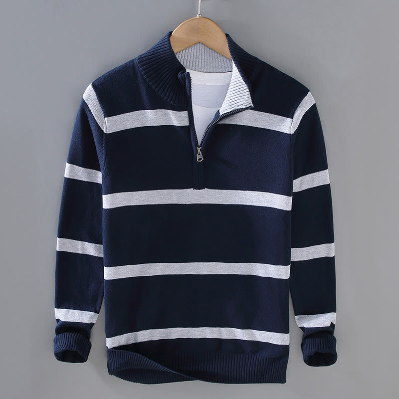 Maglione da uomo in cotone a maniche lunghe con cerniera a mezza lunghezza e strisce a contrasto di colore Buddha Stones - Strisce grigio chiaro blu notte - US/UK/AU42, EU52 (3XL) - image 11