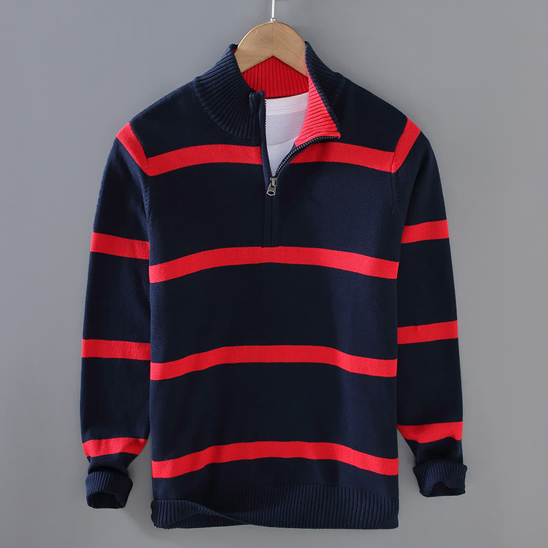 Maglione da uomo in cotone a maniche lunghe con cerniera a mezza lunghezza e strisce a contrasto di colore Buddha Stones - Striscia rossa blu notte - US/UK/AU42, EU52 (3XL) - image 12