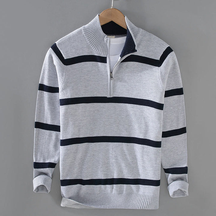 Maglione da uomo in cotone a maniche lunghe con cerniera a mezza lunghezza e strisce a contrasto di colore Buddha Stones - Strisce grigio scuro blu notte - US/UK/AU42, EU52 (3XL) - image 9