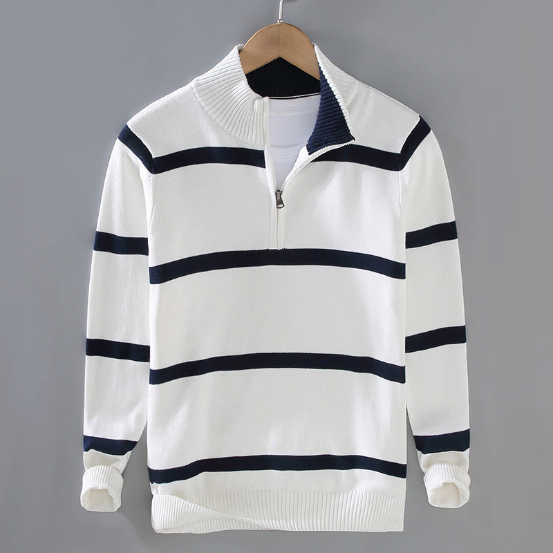 Maglione da uomo in cotone a maniche lunghe con cerniera a mezza lunghezza e strisce a contrasto di colore Buddha Stones - Strisce bianche blu notte - US/UK/AU42, EU52 (3XL) - image 1