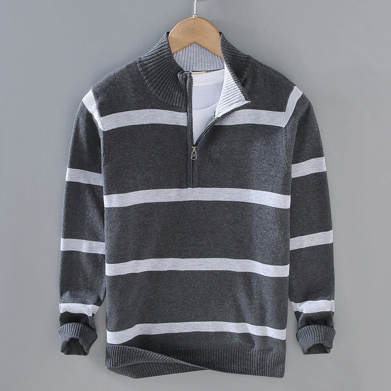 Maglione da uomo in cotone a maniche lunghe con cerniera a mezza lunghezza e strisce a contrasto di colore Buddha Stones - Strisce grigio scuro DimGray - US/UK/AU42, EU52 (3XL) - image 10