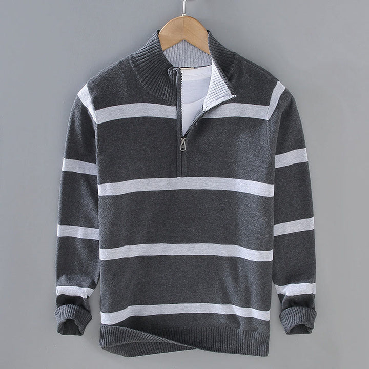 Maglione da uomo in cotone a maniche lunghe con cerniera a mezza lunghezza e strisce a contrasto di colore Buddha Stones - Strisce grigio scuro DimGray - US/UK/AU42, EU52 (3XL) - image 10