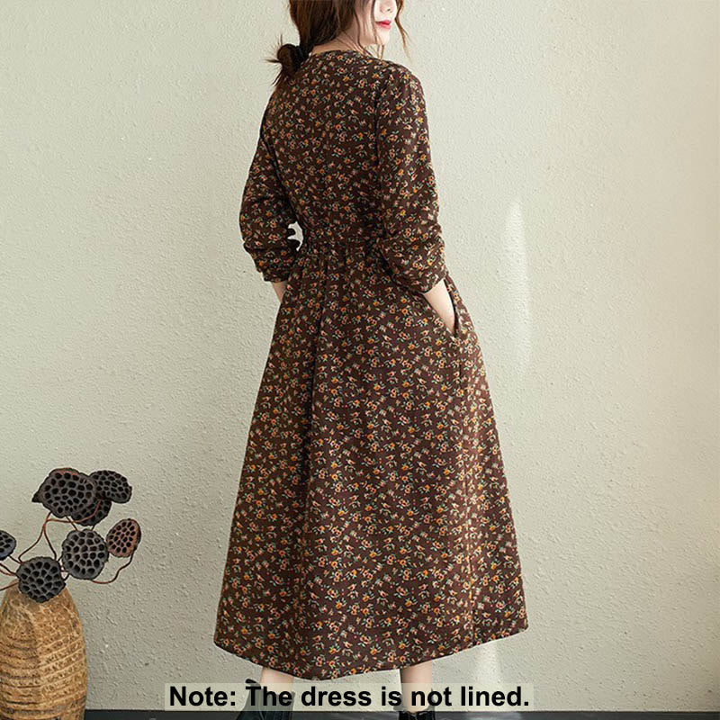 Abito midi da donna in cotone con maniche lunghe e coulisse floreale Buddha Stones Commute con tasche - image 11