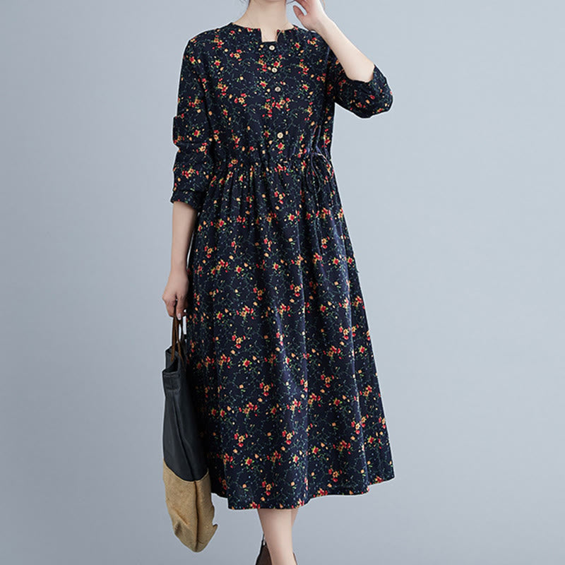 Abito midi da donna in cotone con maniche lunghe e coulisse floreale Buddha Stones Commute con tasche - image 14