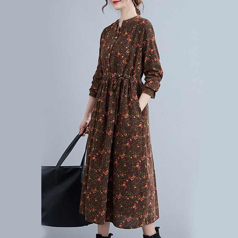 Abito midi da donna in cotone con maniche lunghe e coulisse floreale Buddha Stones Commute con tasche - image 2