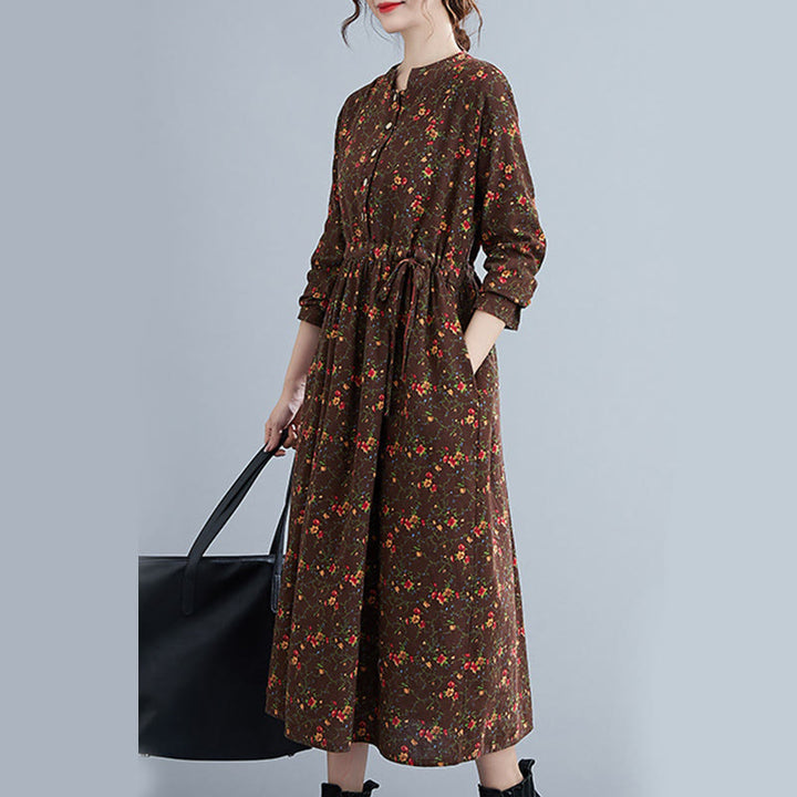 Abito midi da donna in cotone con maniche lunghe e coulisse floreale Buddha Stones Commute con tasche - image 2