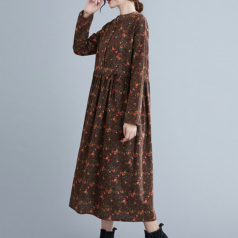 Abito midi da donna in cotone con maniche lunghe e coulisse floreale Buddha Stones Commute con tasche - image 4