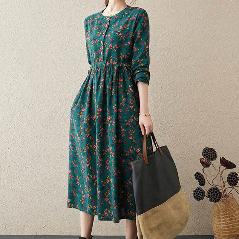 Abito midi da donna in cotone con maniche lunghe e coulisse floreale Buddha Stones Commute con tasche - Verde foresta - US12, UK/AU16, EU44 (3XL) - image 29