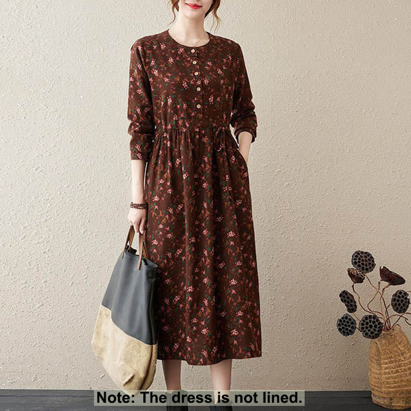 Abito midi da donna in cotone con maniche lunghe e coulisse floreale Buddha Stones Commute con tasche - image 32