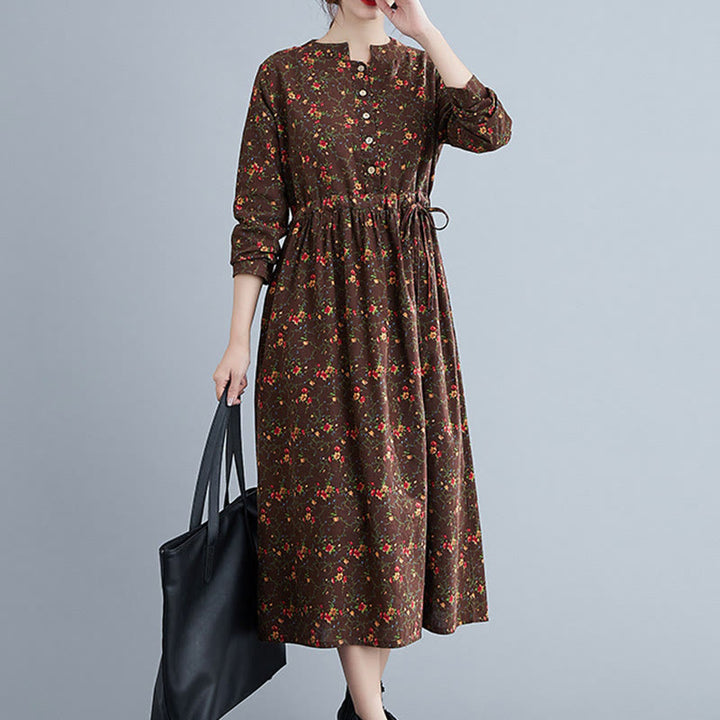 Abito midi da donna in cotone con maniche lunghe e coulisse floreale Buddha Stones Commute con tasche - image 3