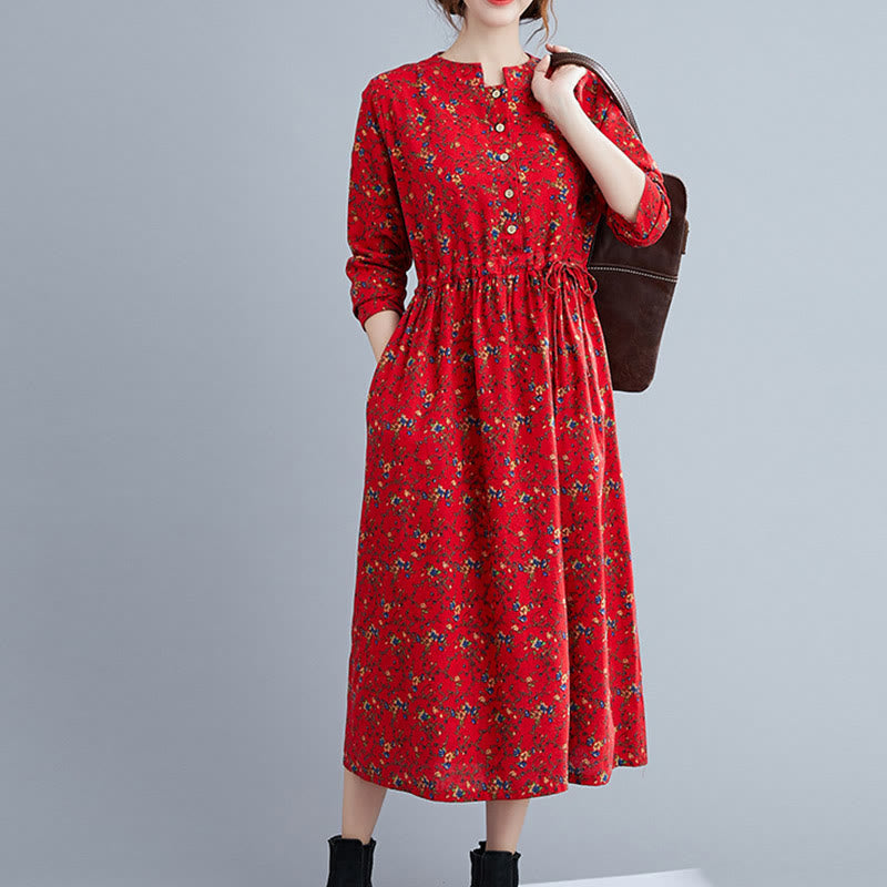 Abito midi da donna in cotone con maniche lunghe e coulisse floreale Buddha Stones Commute con tasche - image 19
