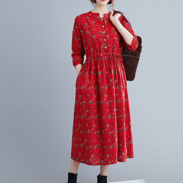 Abito midi da donna in cotone con maniche lunghe e coulisse floreale Buddha Stones Commute con tasche - image 19