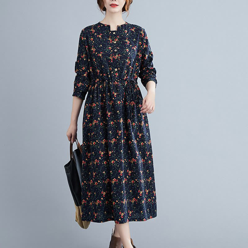 Abito midi da donna in cotone con maniche lunghe e coulisse floreale Buddha Stones Commute con tasche - Blu notte - US12, UK/AU16, EU44 (3XL) - image 12