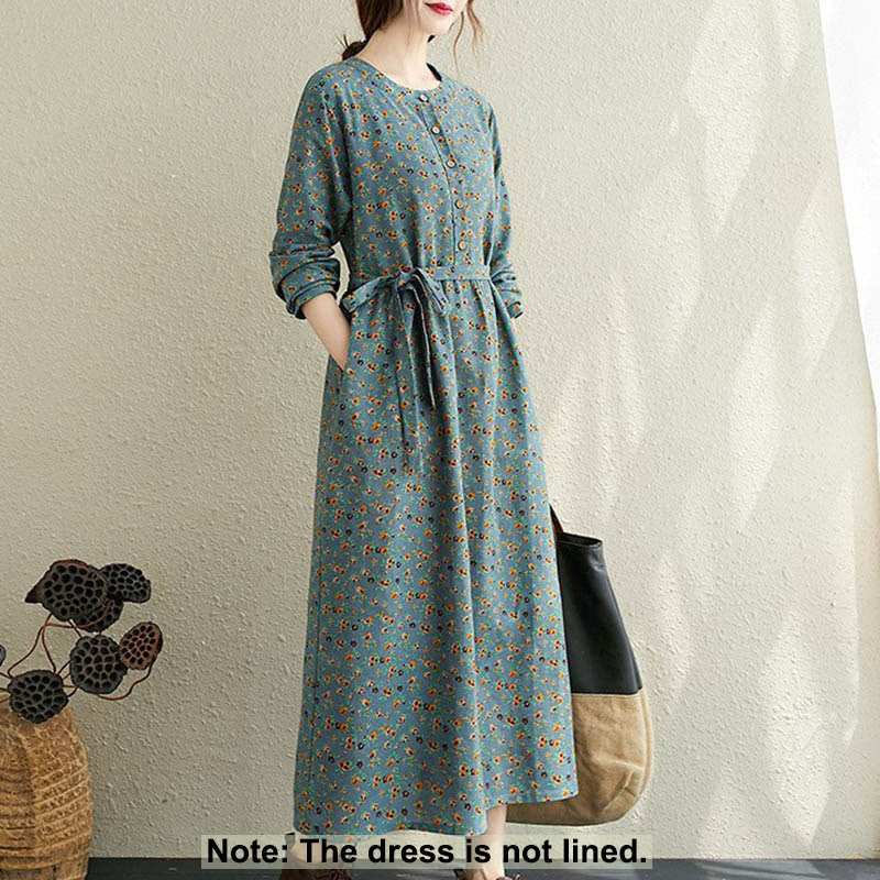 Abito midi da donna in cotone con maniche lunghe e coulisse floreale Buddha Stones Commute con tasche - image 9