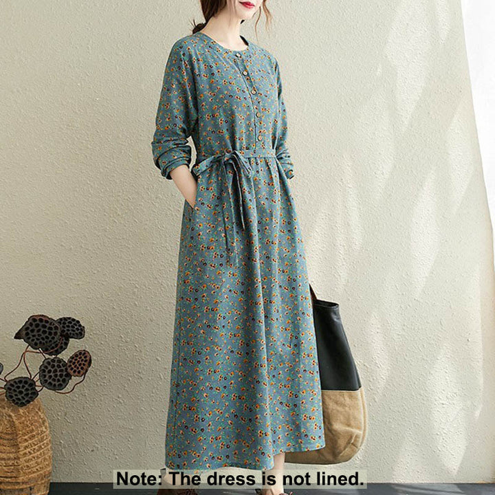 Abito midi da donna in cotone con maniche lunghe e coulisse floreale Buddha Stones Commute con tasche - image 9