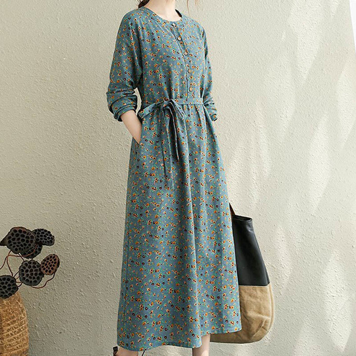Abito midi da donna in cotone con maniche lunghe e coulisse floreale Buddha Stones Commute con tasche - Acquamarina media - US12, UK/AU16, EU44 (3XL) - image 8