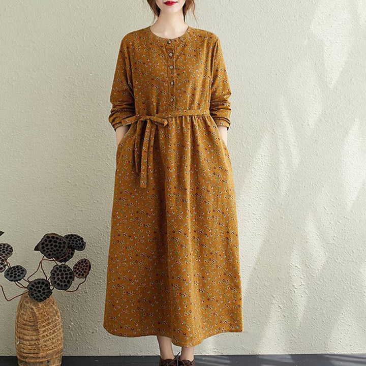 Abito midi da donna in cotone con maniche lunghe e coulisse floreale Buddha Stones Commute con tasche - DarkGoldenrod - US12, UK/AU16, EU44 (3XL) - image 6