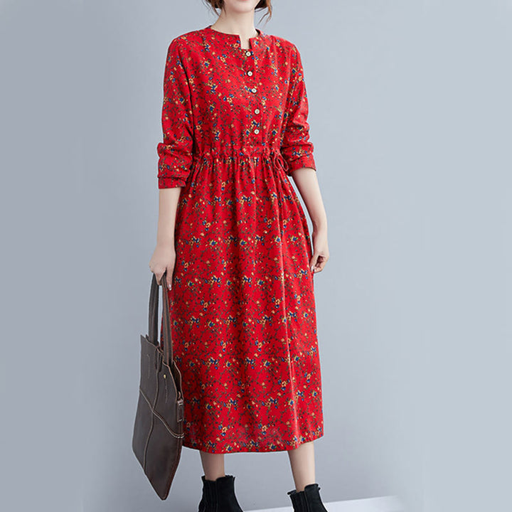 Abito midi da donna in cotone con maniche lunghe e coulisse floreale Buddha Stones Commute con tasche - image 20