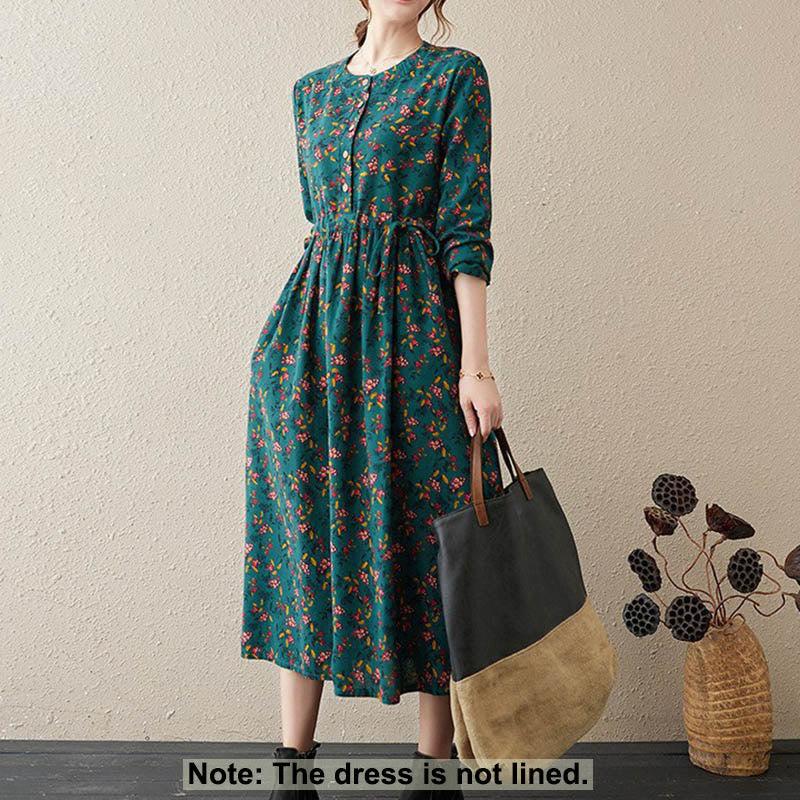 Abito midi da donna in cotone con maniche lunghe e coulisse floreale Buddha Stones Commute con tasche - image 30