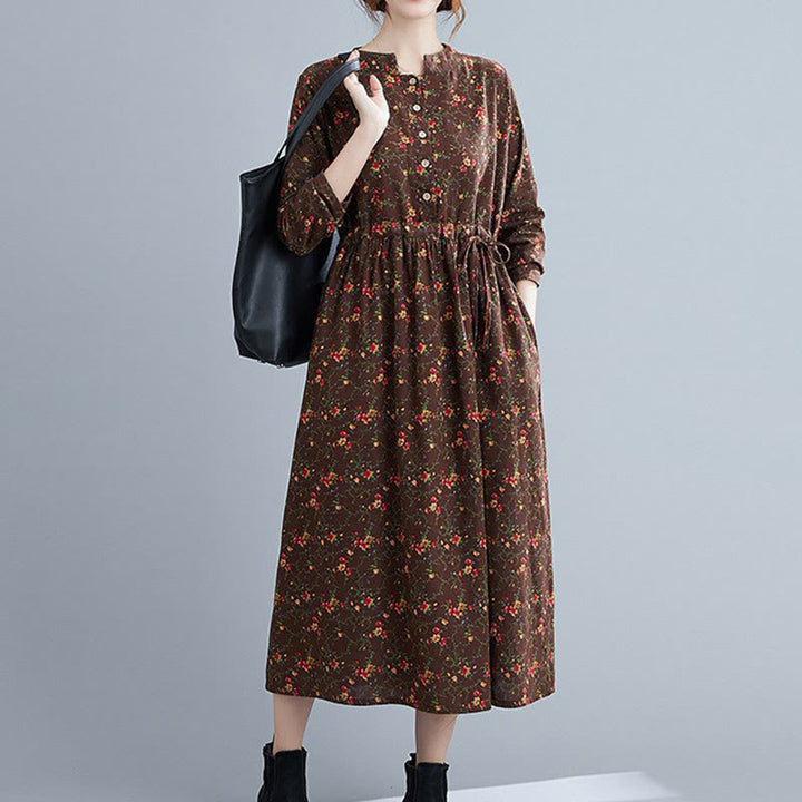 Abito midi da donna in cotone con maniche lunghe e coulisse floreale Buddha Stones Commute con tasche - Marrone sella - US12, UK/AU16, EU44 (3XL) - image 0
