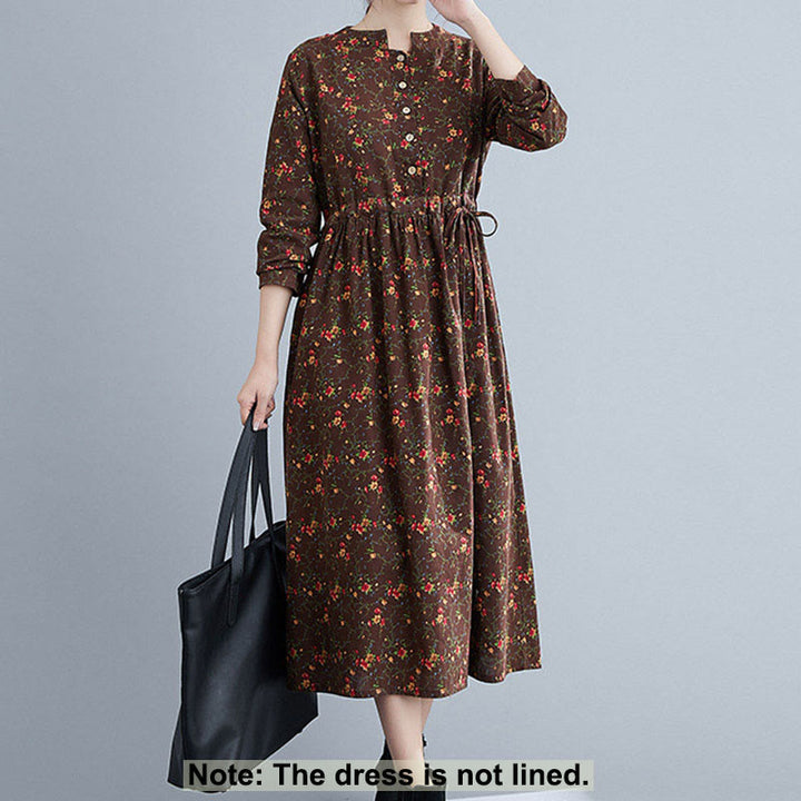 Abito midi da donna in cotone con maniche lunghe e coulisse floreale Buddha Stones Commute con tasche - image 1