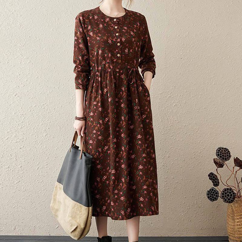 Abito midi da donna in cotone con maniche lunghe e coulisse floreale Buddha Stones Commute con tasche - Marrone - US12, UK/AU16, EU44 (3XL) - image 31