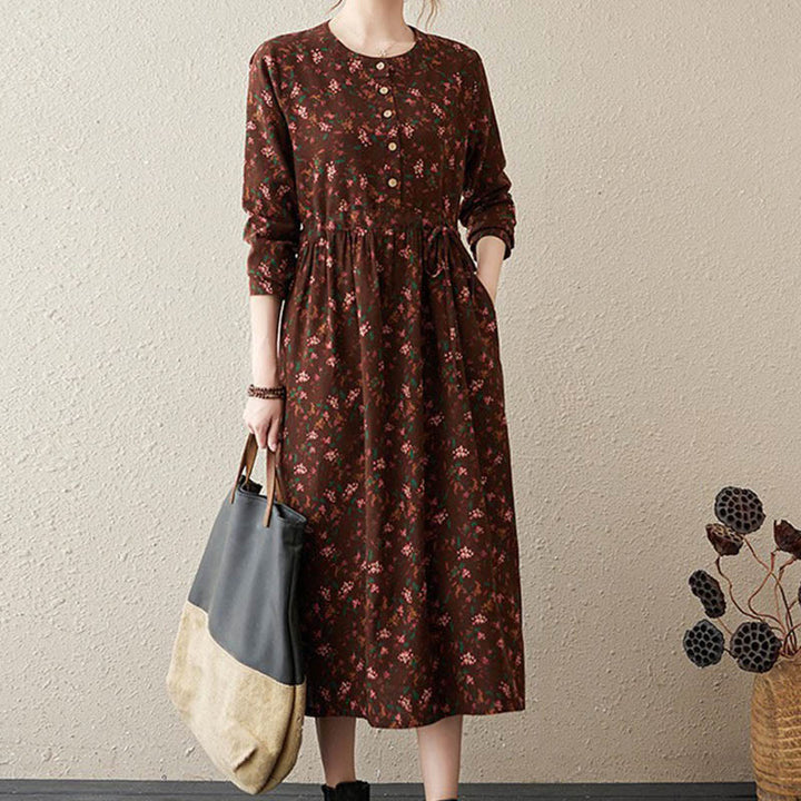 Abito midi da donna in cotone con maniche lunghe e coulisse floreale Buddha Stones Commute con tasche - Marrone - US12, UK/AU16, EU44 (3XL) - image 31