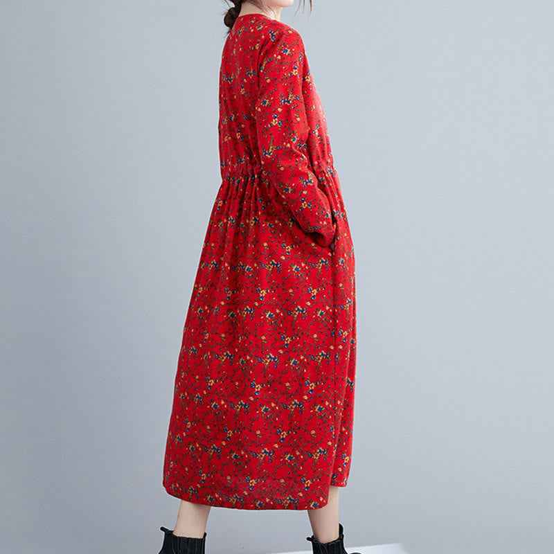 Abito midi da donna in cotone con maniche lunghe e coulisse floreale Buddha Stones Commute con tasche - image 21