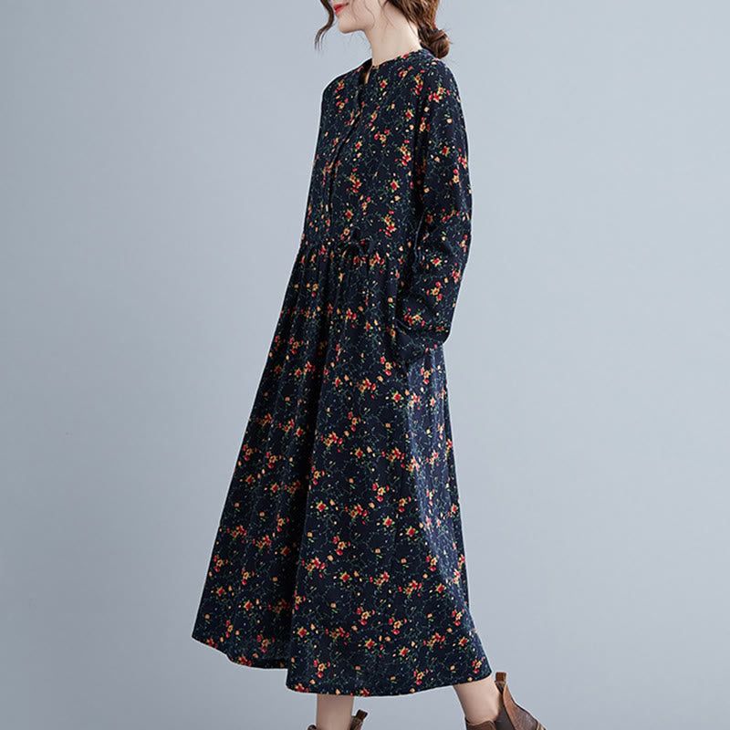 Abito midi da donna in cotone con maniche lunghe e coulisse floreale Buddha Stones Commute con tasche - image 16