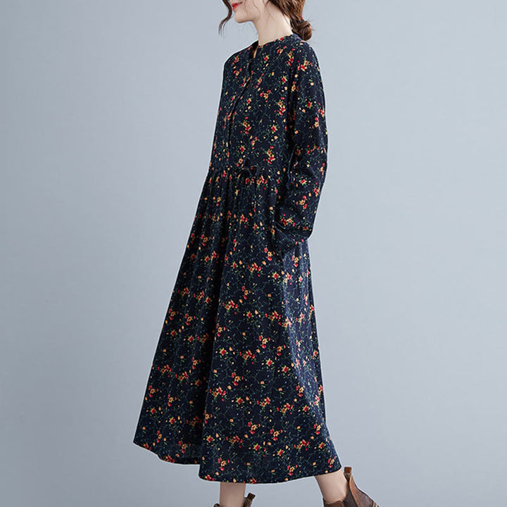 Abito midi da donna in cotone con maniche lunghe e coulisse floreale Buddha Stones Commute con tasche - image 16