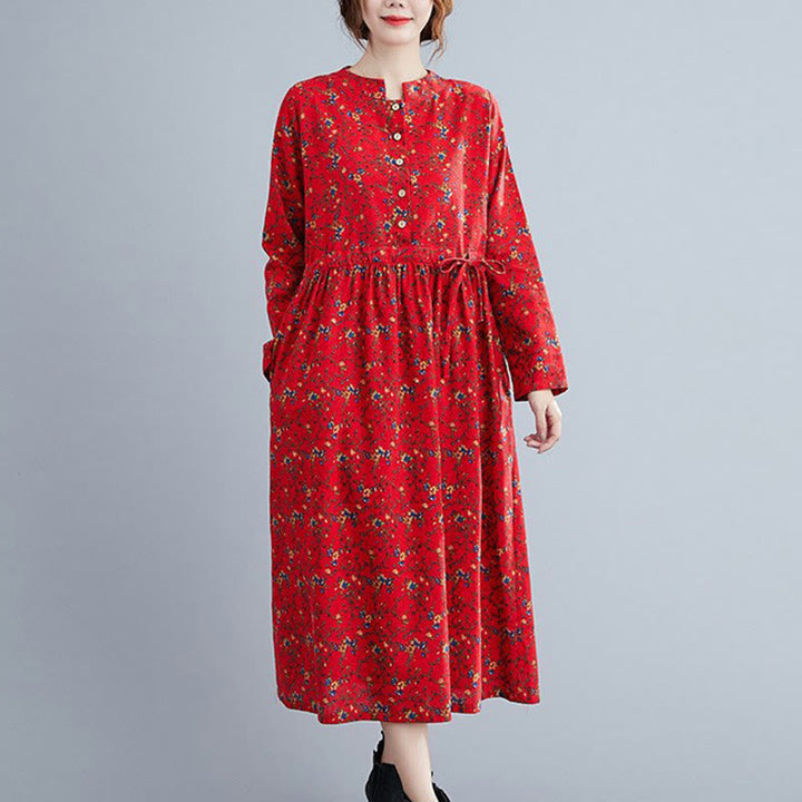 Abito midi da donna in cotone con maniche lunghe e coulisse floreale Buddha Stones Commute con tasche - Rosso - US12, UK/AU16, EU44 (3XL) - image 17