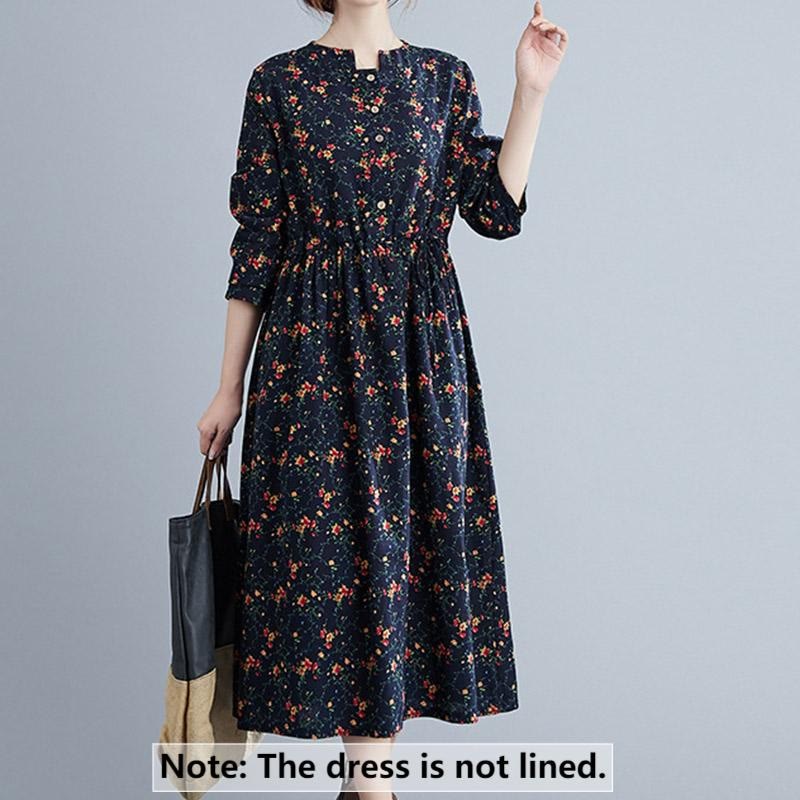 Abito midi da donna in cotone con maniche lunghe e coulisse floreale Buddha Stones Commute con tasche - image 13