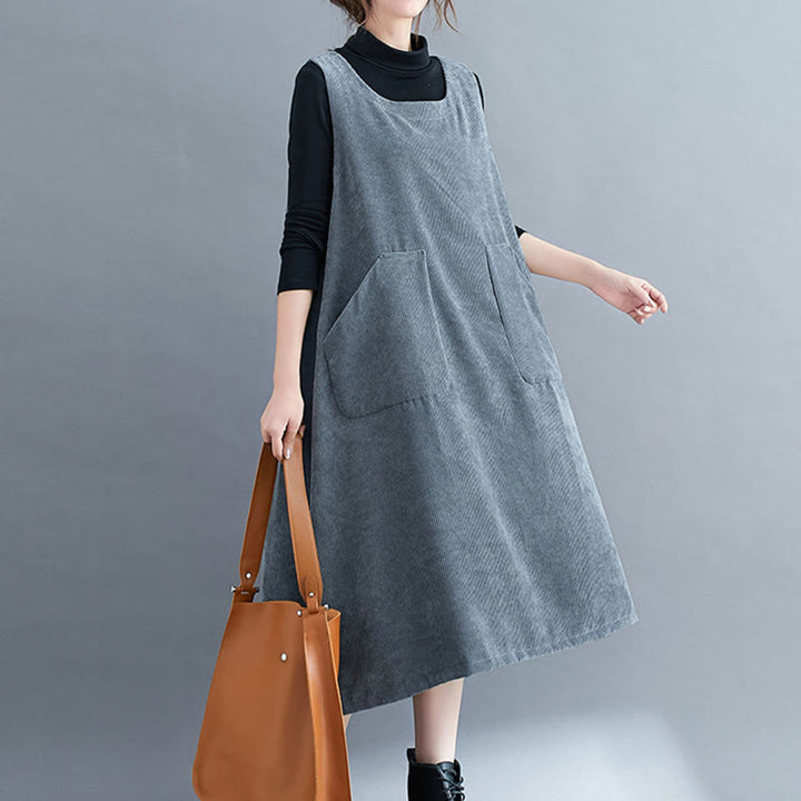 Abito midi in velluto a coste di cotone con scollo rotondo e tasche da donna Buddha Stones Commute - image 28