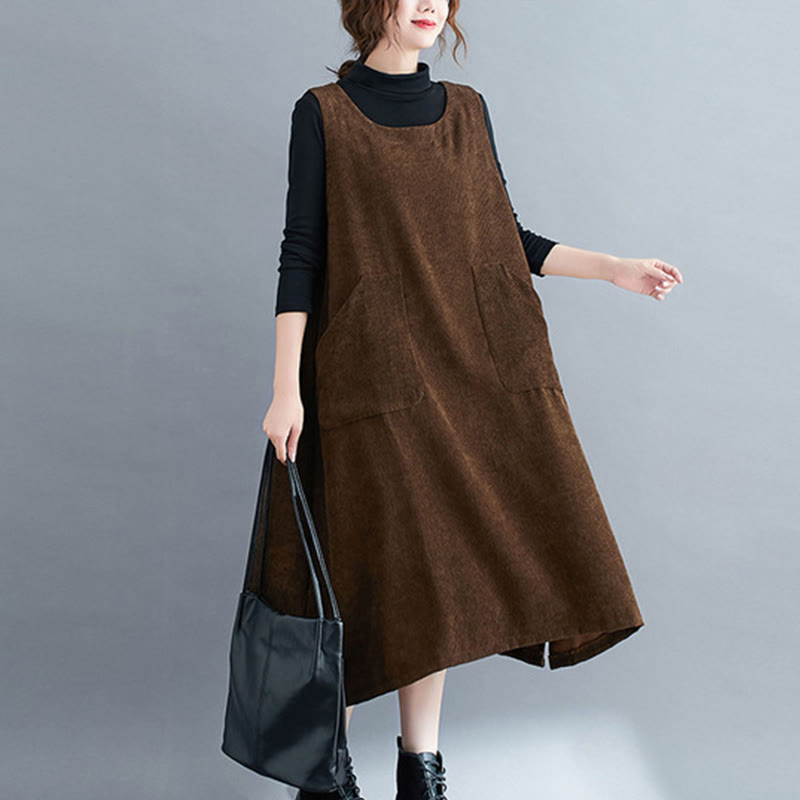 Abito midi in velluto a coste di cotone con scollo rotondo e tasche da donna Buddha Stones Commute - Marrone sella - US12, UK/AU16, EU44 (2XL) - image 0