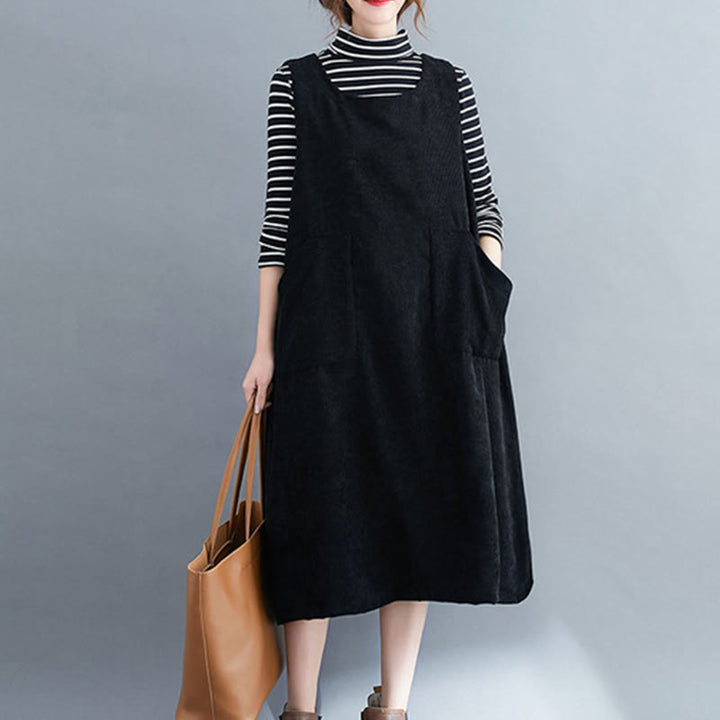Abito midi in velluto a coste di cotone con scollo rotondo e tasche da donna Buddha Stones Commute - Nero - US12, UK/AU16, EU44 (2XL) - image 15