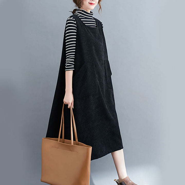 Abito midi in velluto a coste di cotone con scollo rotondo e tasche da donna Buddha Stones Commute - image 17
