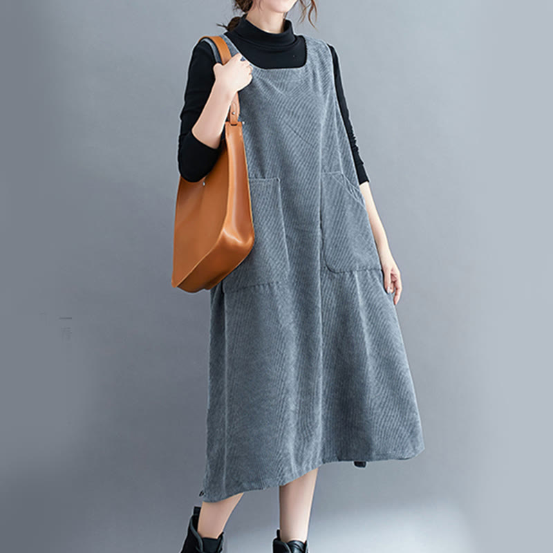 Abito midi in velluto a coste di cotone con scollo rotondo e tasche da donna Buddha Stones Commute - image 29