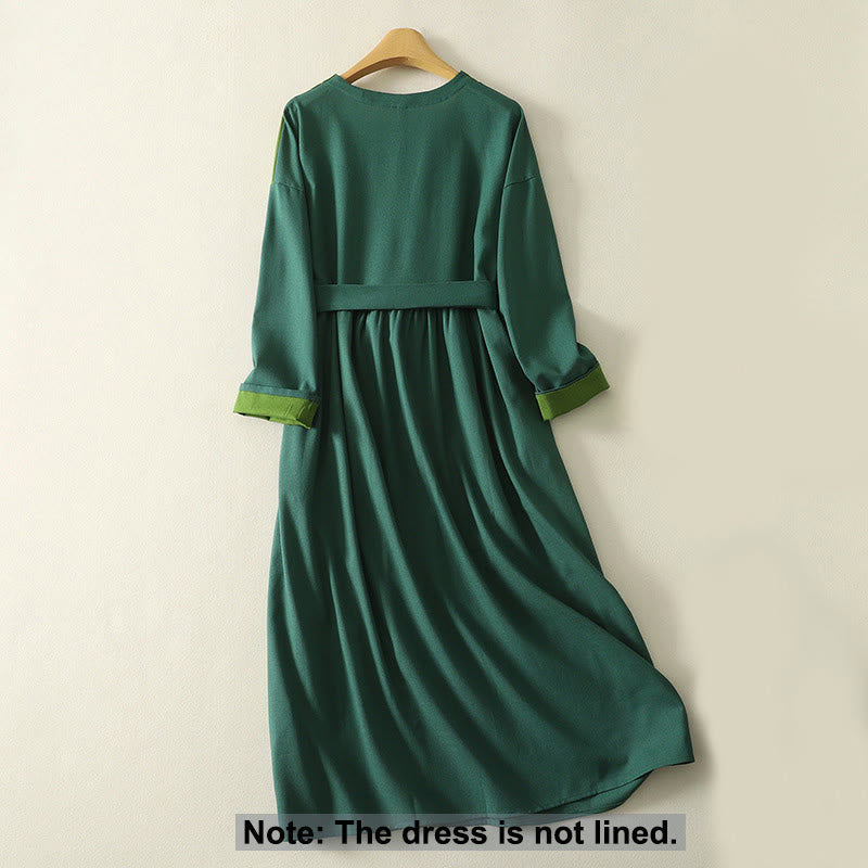 Abito midi da donna in cotone con maniche lunghe e tasche, motivo a blocchi di colore Buddha Stones - image 1