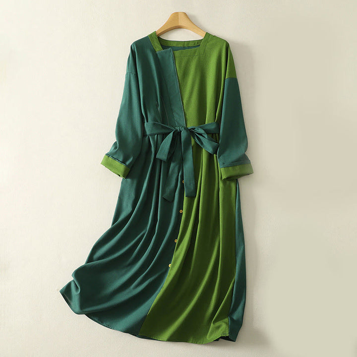 Abito midi da donna in cotone con maniche lunghe e tasche, motivo a blocchi di colore Buddha Stones - Verde scuro - US8-10, UK/AU12-14, EU40-42 (2XL) - image 0