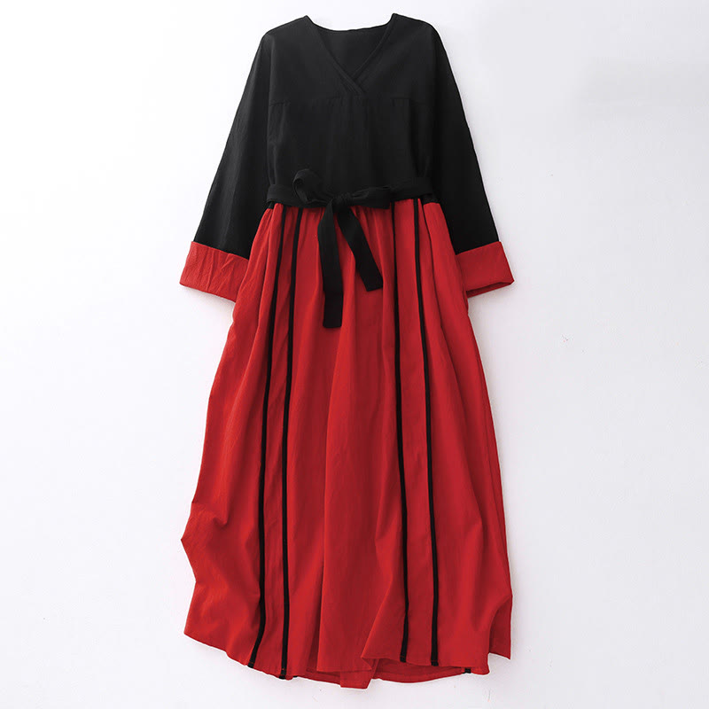 Abito midi da donna con maniche lunghe e tasche, motivo Buddha Stones, allacciato a blocchi di colore - Cremisi - US8-10, UK/AU12-14, EU40-42 (2XL) - image 0