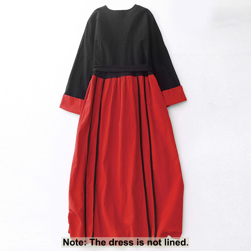 Abito midi da donna con maniche lunghe e tasche, motivo Buddha Stones, allacciato a blocchi di colore - image 1